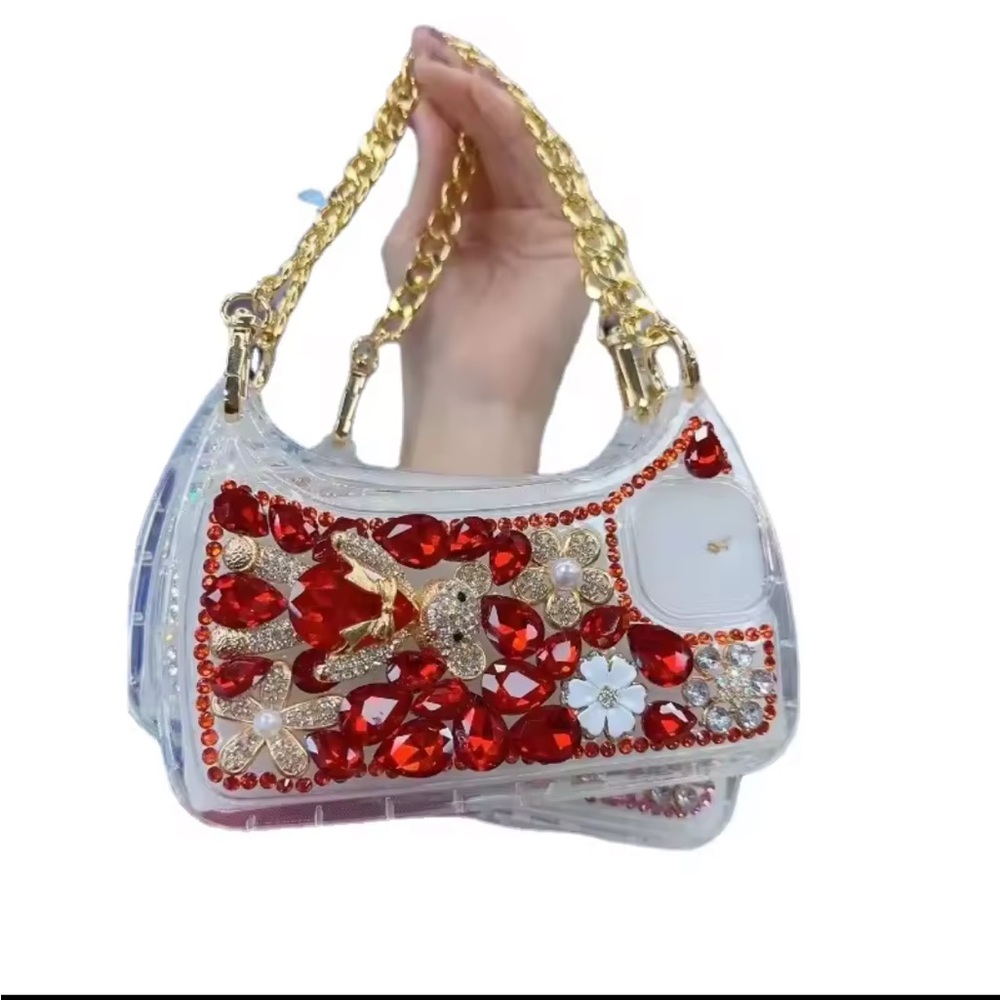 NWOT 🩸 Apple iPhone 14 Plus Red and Gold Embellished Purse-Style Phone Case
